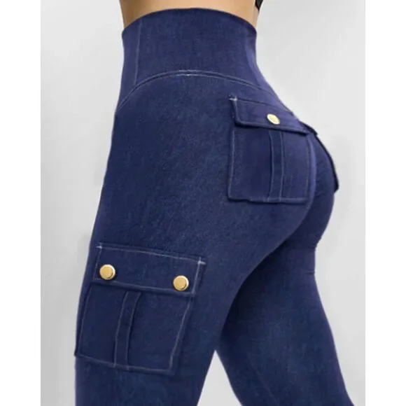 Women's High Waisted Jeggings Cotton Blend Tummy Control Cargo Pockets - Picture 3 of 4